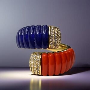 18k Gold Plated Luxury Lapis Lazuli Coral Lucite Pave Crystal Cross Over Ring